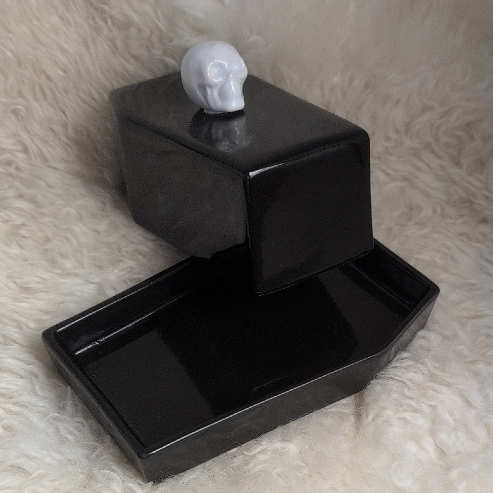 BLACK COFFIN BUTTER DISH WITH SKELETON HEAD